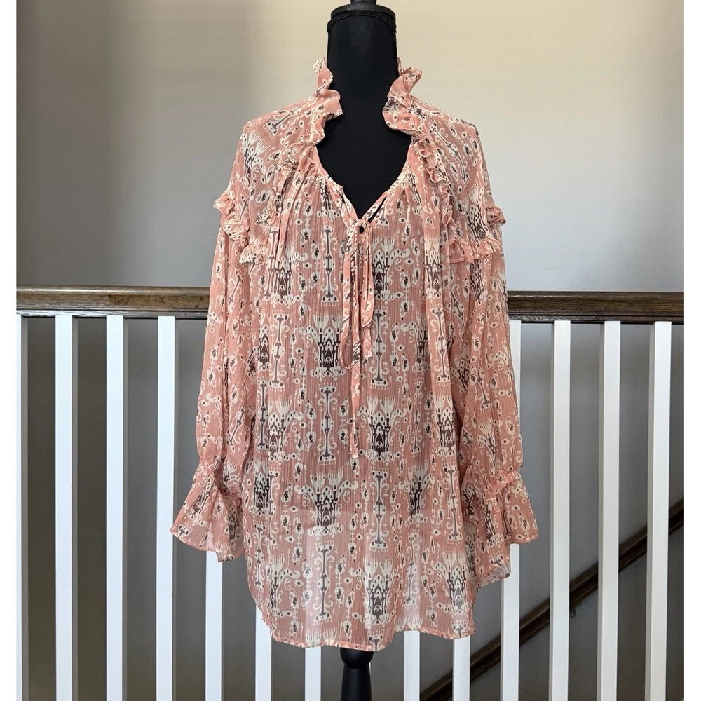 Sundance‎ Peach Ruffle Long Sleeve Tie Neck Blouse Boho Top Sheer Peasant Large